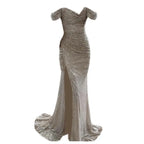 Women's Off-Shoulder Sequin Evening Dress – Pleated High Slit Maxi Dress