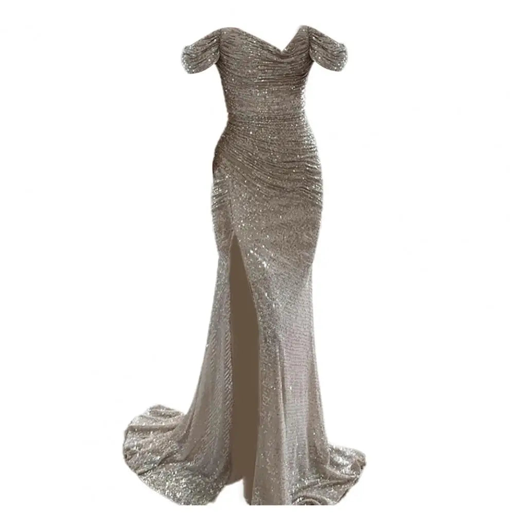 Women's Off-Shoulder Sequin Evening Dress – Pleated High Slit Maxi Dress