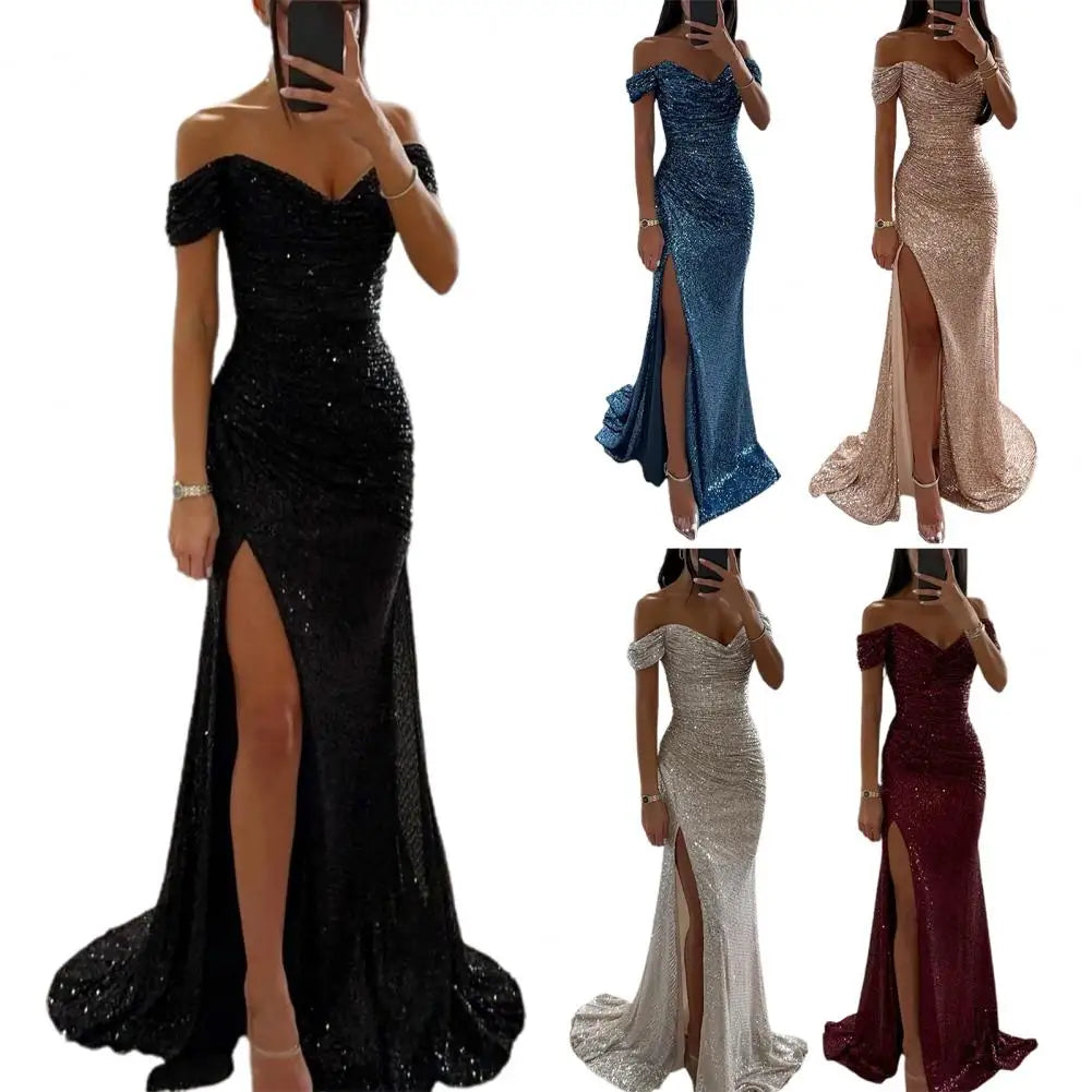 Women's Off-Shoulder Sequin Evening Dress – Pleated High Slit Maxi Dress