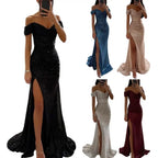 Women's Off-Shoulder Sequin Evening Dress – Pleated High Slit Maxi Dress