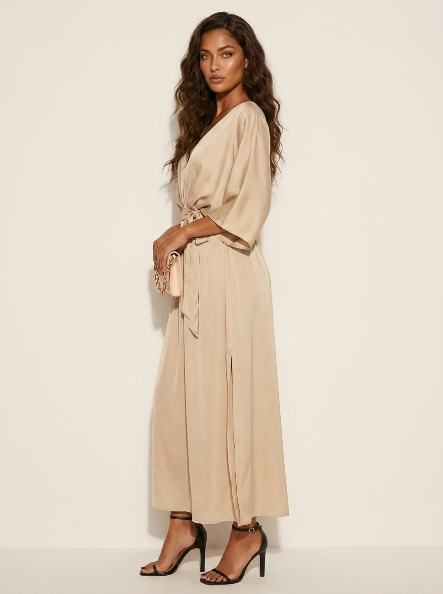 Women's High Slit V-Neck Maxi Dress – Belted Batwing Sleeve Evening Gown