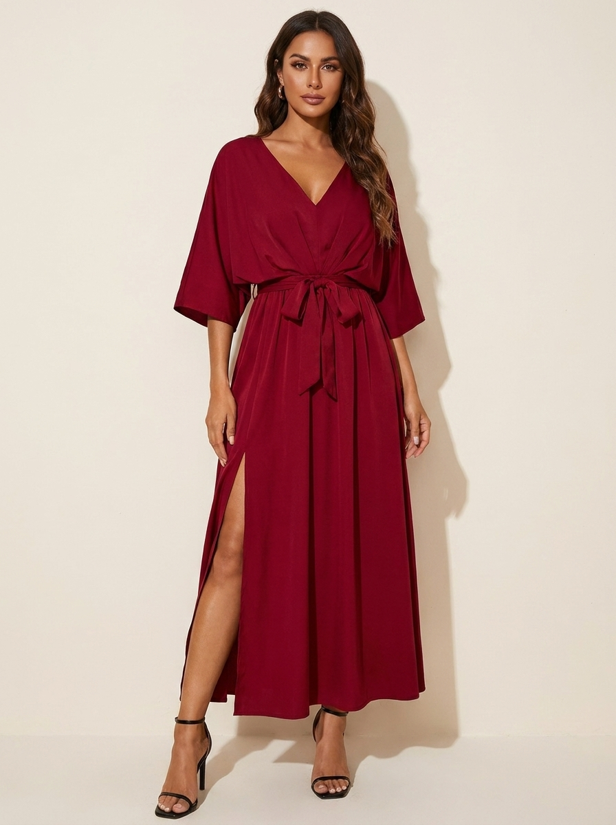 Women's High Slit V-Neck Maxi Dress – Belted Batwing Sleeve Evening Gown
