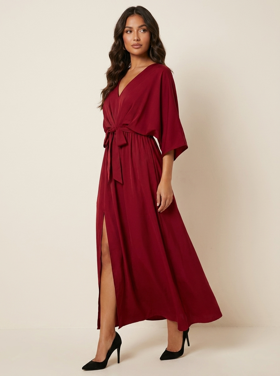Women's High Slit V-Neck Maxi Dress – Belted Batwing Sleeve Evening Gown