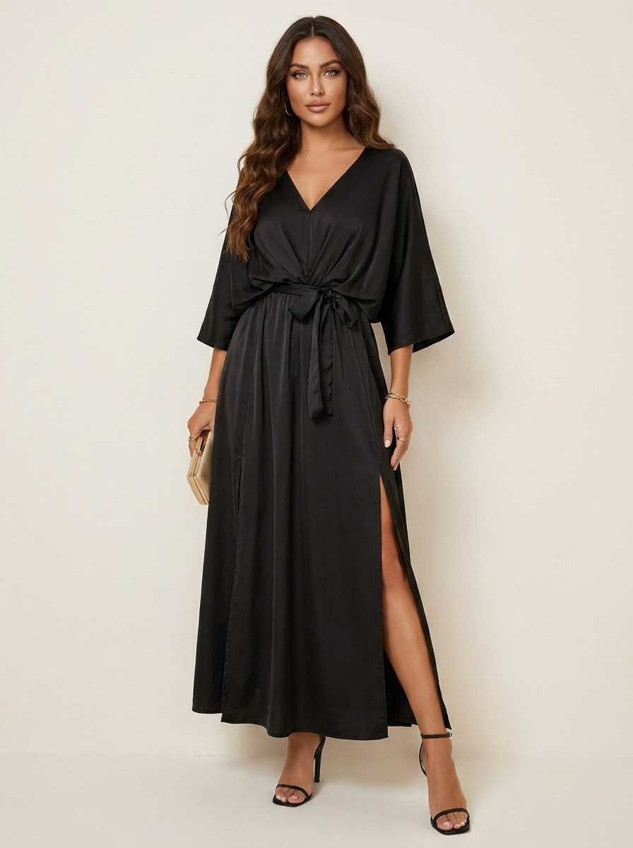 Women's High Slit V-Neck Maxi Dress – Belted Batwing Sleeve Evening Gown