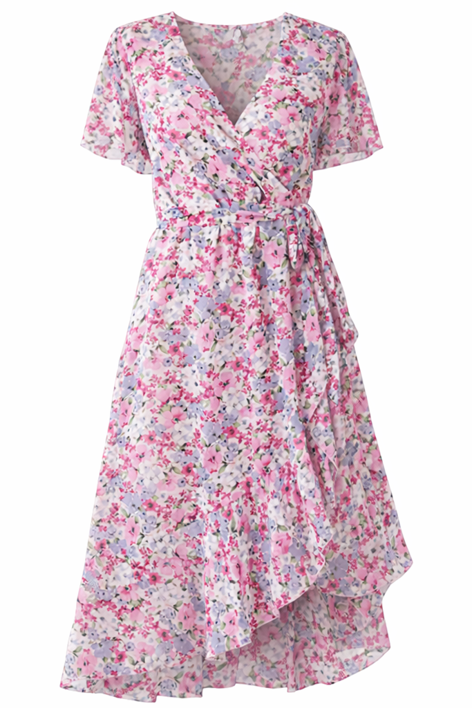 Women's Floral Belted Wrap Dress – V-Neck Midi Occasion Dress