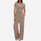 Women's Ruffle Top Pants Set – Cropped Top & Wide Leg Lounge Set