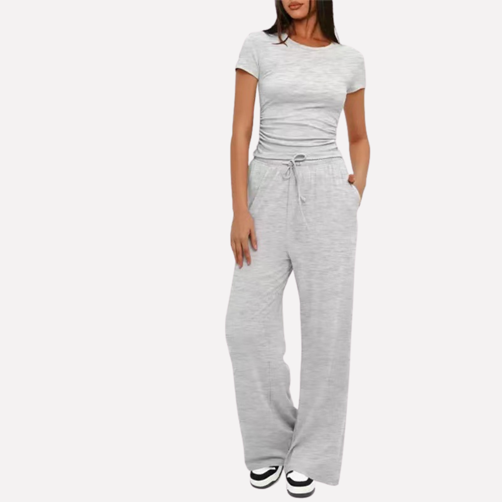 Women's Ruffle Top Pants Set – Cropped Top & Wide Leg Lounge Set