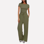 Women's Ruffle Top Pants Set – Cropped Top & Wide Leg Lounge Set