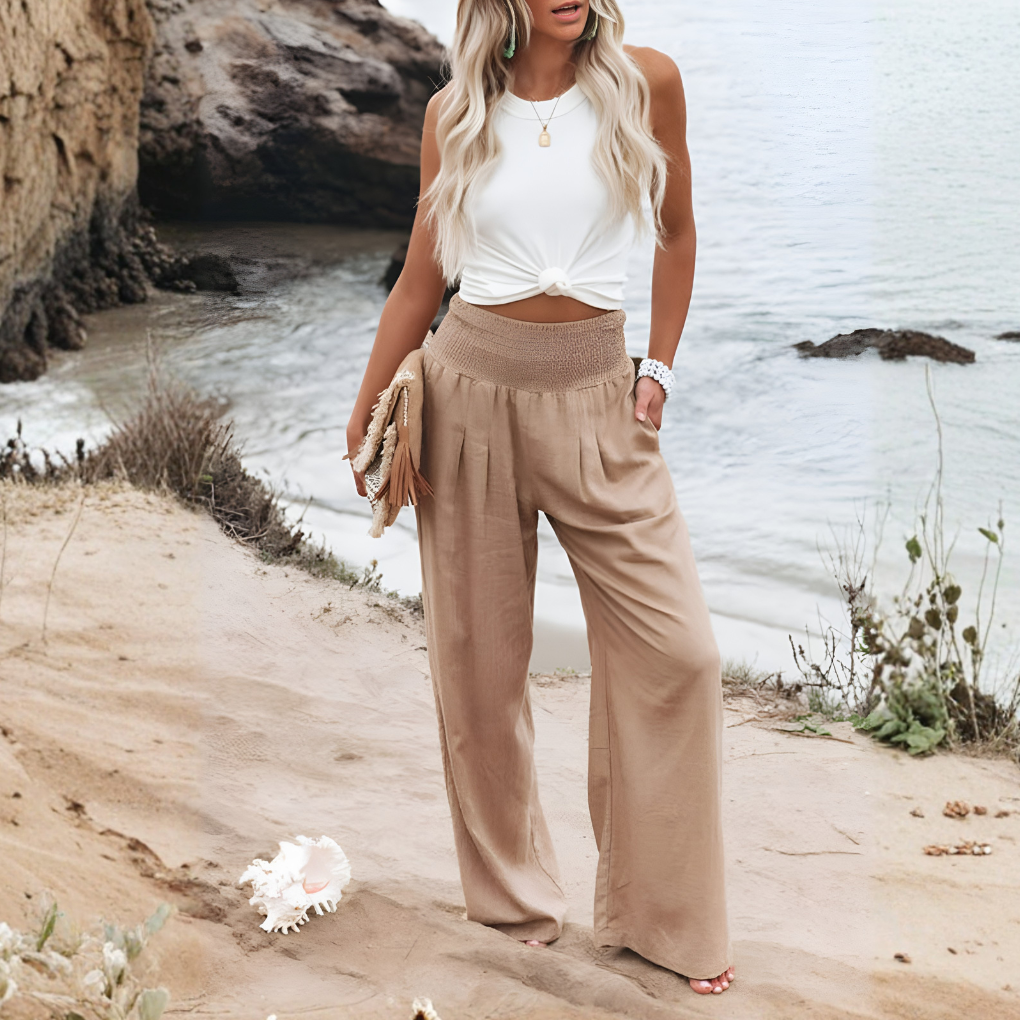 Women's High Rise Palazzo Pants – Elastic Waist Wide Leg Flowy Trousers