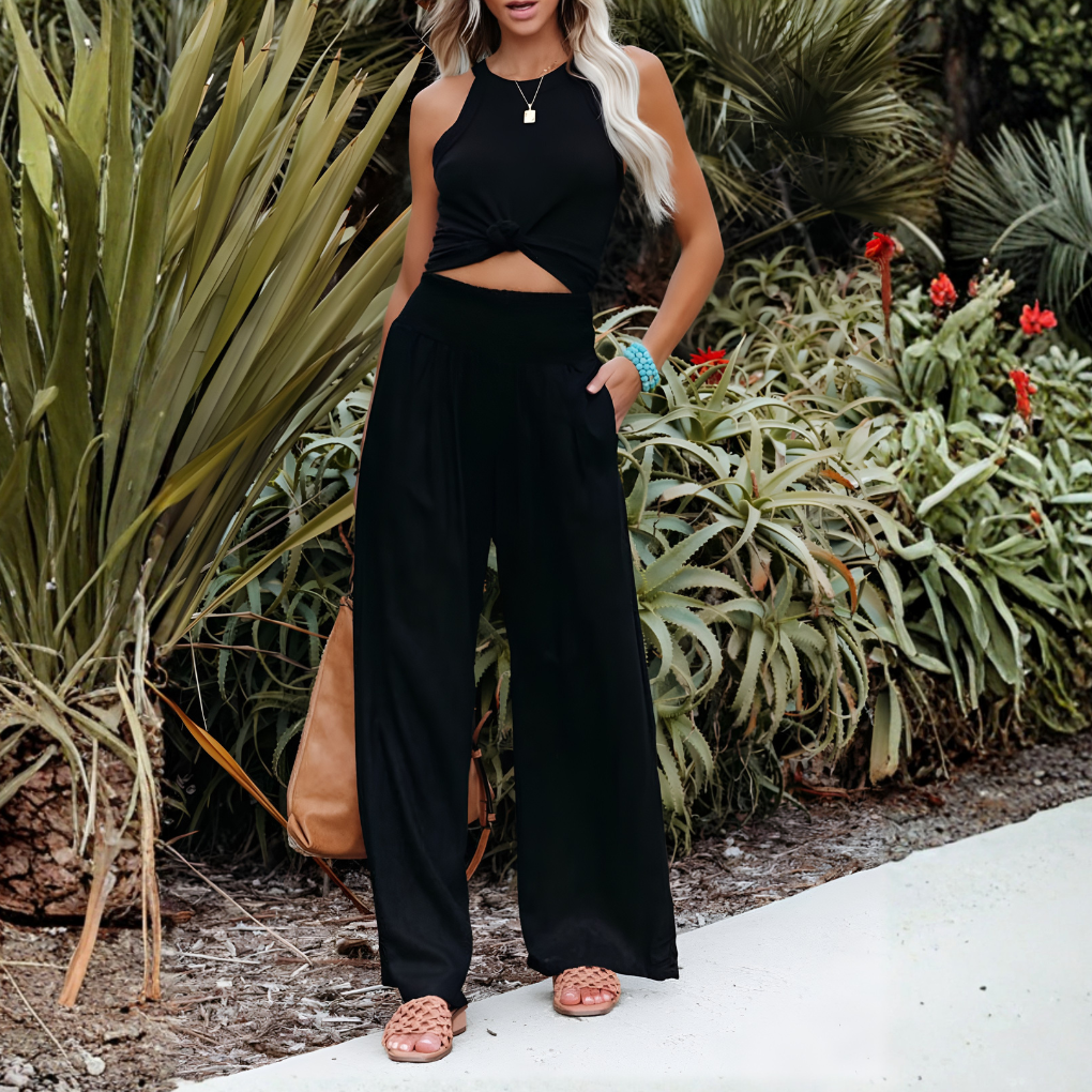 Women's High Rise Palazzo Pants – Elastic Waist Wide Leg Flowy Trousers