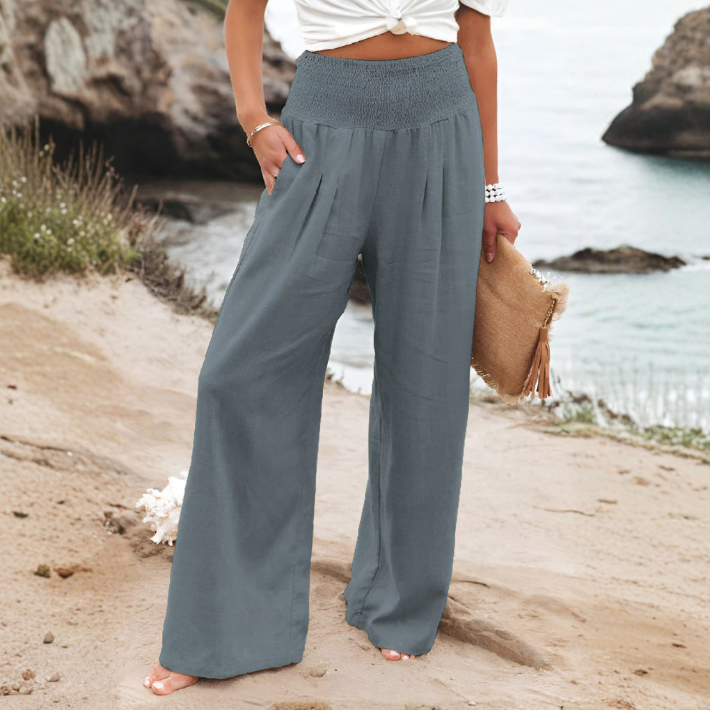 Women's High Rise Palazzo Pants – Elastic Waist Wide Leg Flowy Trousers
