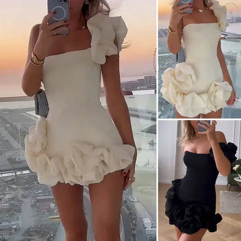 Women's Floral Applique Mini Dress – Ruffle Strap Cocktail Party Dress