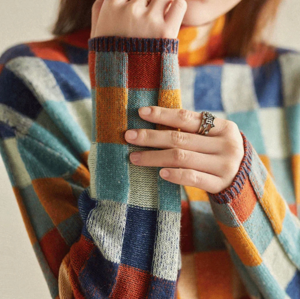 Women's Patterned Turtleneck Sweater – Patchwork High Neck Knit Pullover