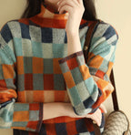 Women's Patterned Turtleneck Sweater – Patchwork High Neck Knit Pullover