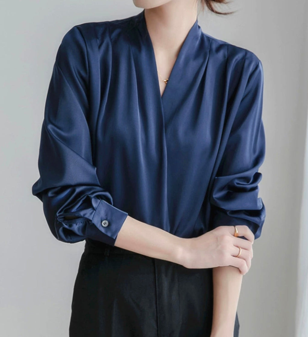 Women's V-Neck Pleated Blouse – Puff Sleeve Dressy Blouse