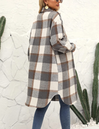 Women's Plaid Winter Coat – Relaxed Long Button Front Overcoat