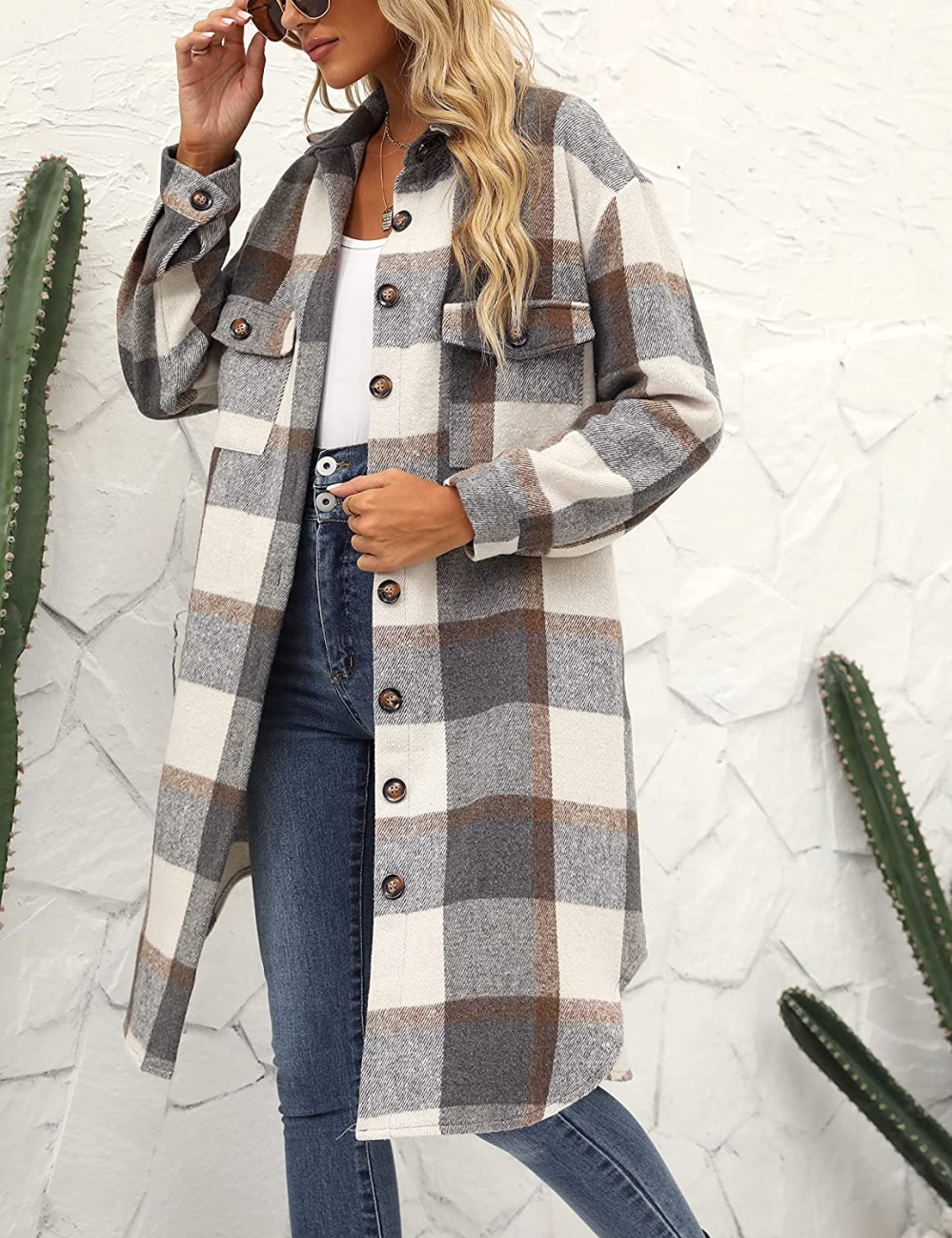 Women's Plaid Winter Coat – Relaxed Long Button Front Overcoat