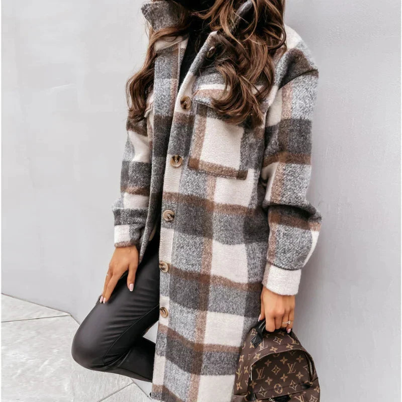 Women's Plaid Winter Coat – Relaxed Long Button Front Overcoat