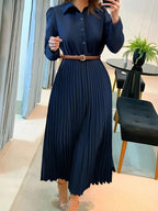 Women's Button Front Pleated Dress – Long Sleeve Collared A-Line Dress