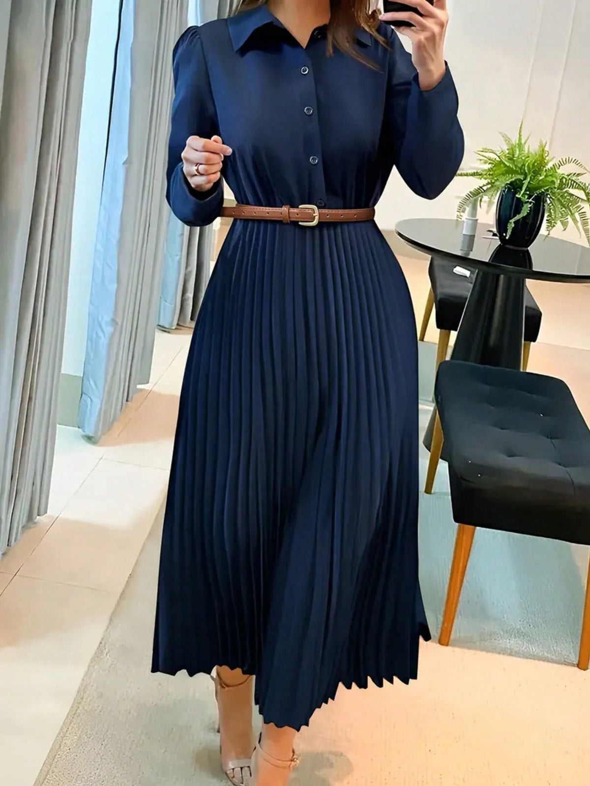 Women's Button Front Pleated Dress – Long Sleeve Collared A-Line Dress