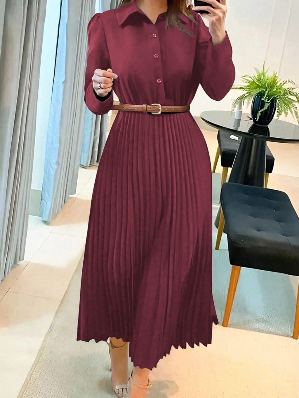 Women's Button Front Pleated Dress – Long Sleeve Collared A-Line Dress
