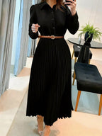 Women's Button Front Pleated Dress – Long Sleeve Collared A-Line Dress