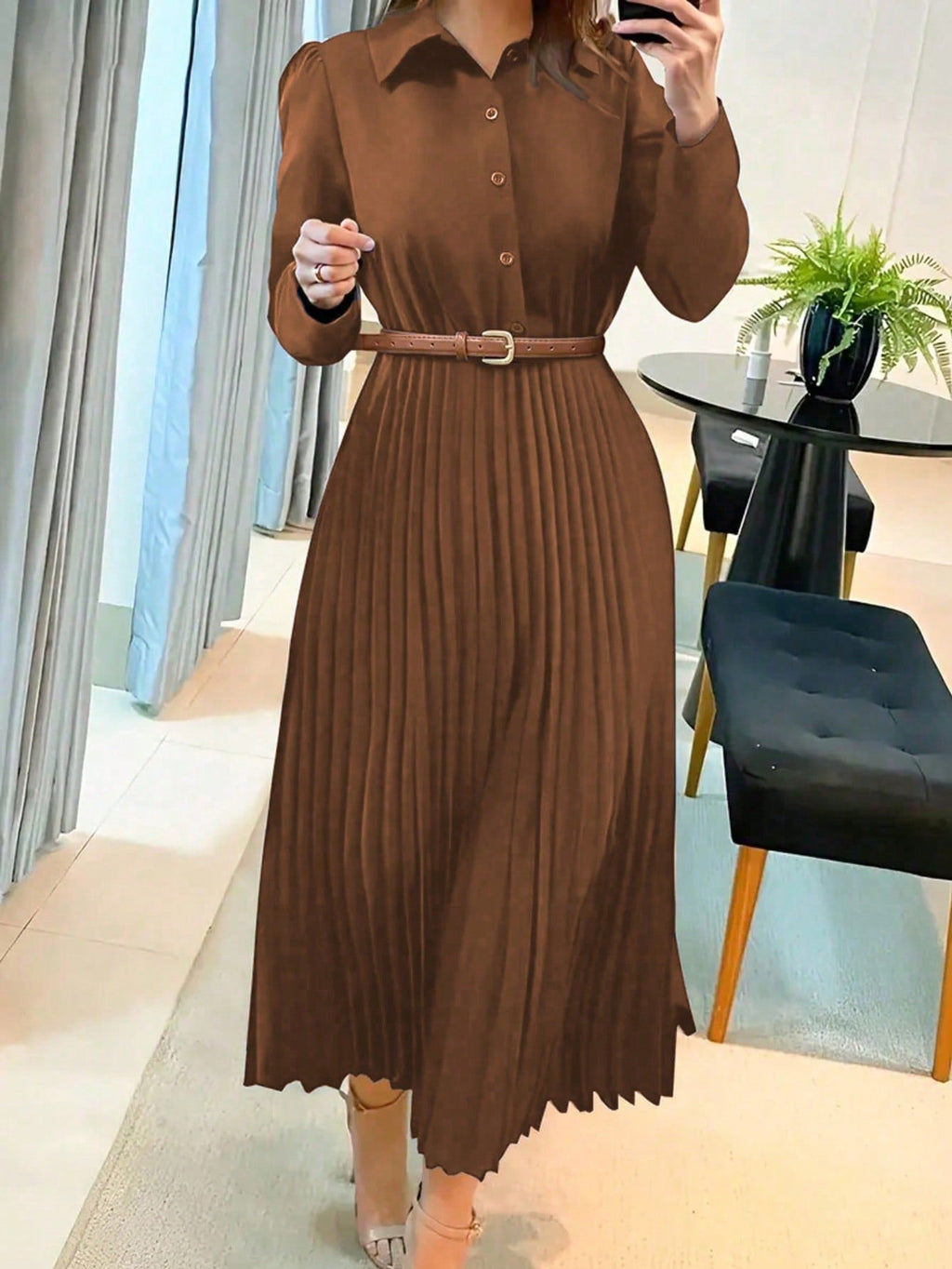 Women's Button Front Pleated Dress – Long Sleeve Collared A-Line Dress