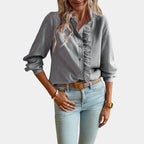 Women's Ruffle Striped Blouse – Button Front Long Sleeve Blouse