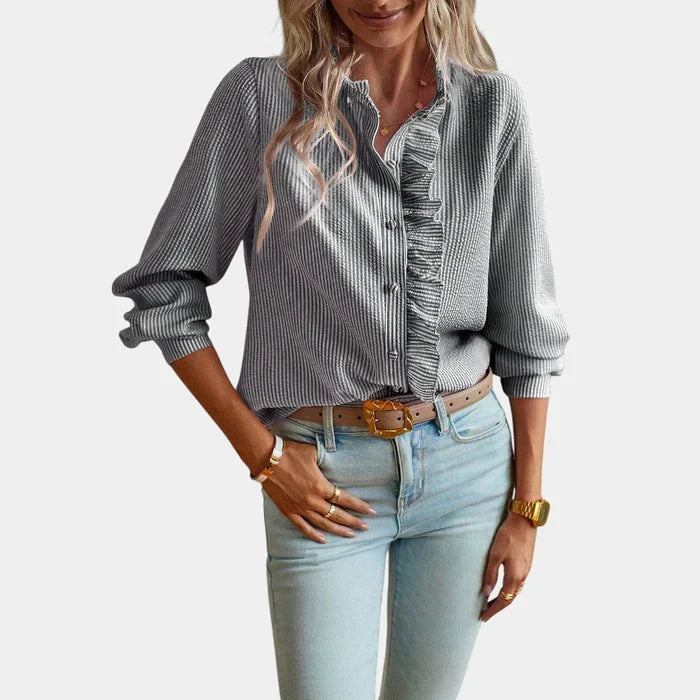 Women's Ruffle Striped Blouse – Button Front Long Sleeve Blouse