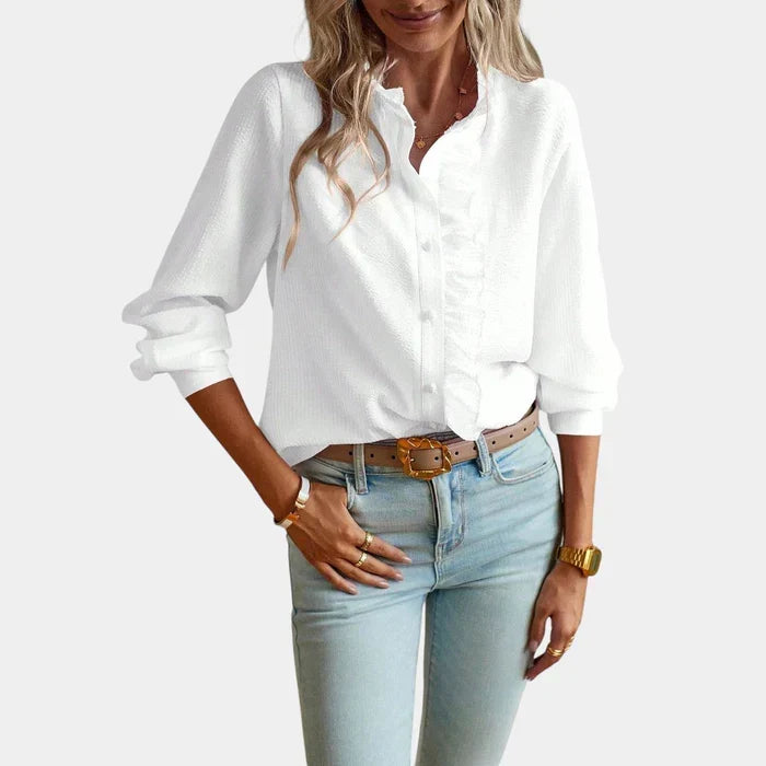 Women's Ruffle Striped Blouse – Button Front Long Sleeve Blouse