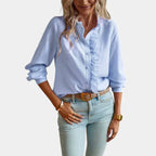 Women's Ruffle Striped Blouse – Button Front Long Sleeve Blouse