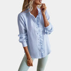 Women's Ruffle Striped Blouse – Button Front Long Sleeve Blouse
