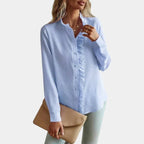 Women's Ruffle Striped Blouse – Button Front Long Sleeve Blouse