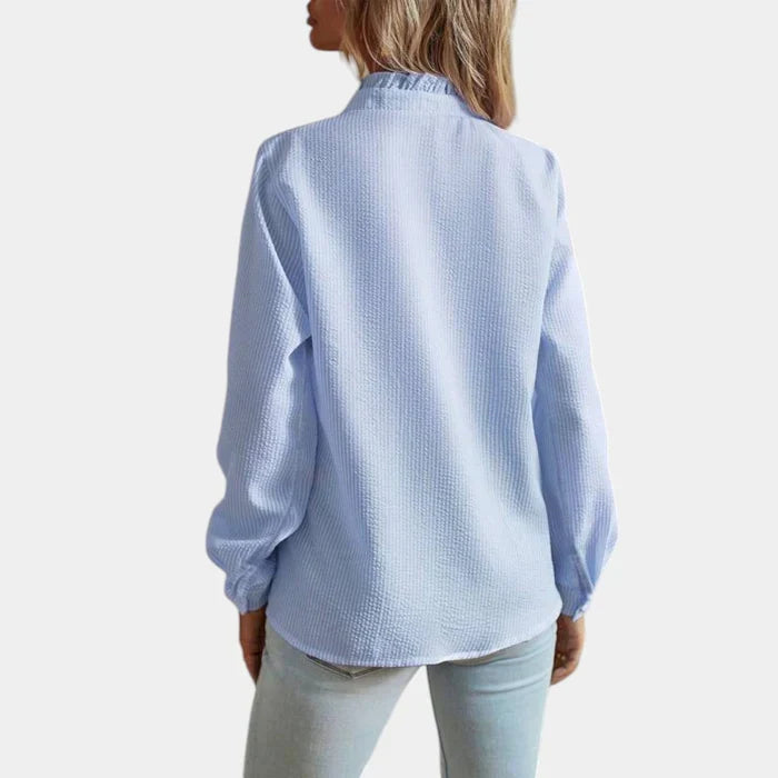 Women's Ruffle Striped Blouse – Button Front Long Sleeve Blouse