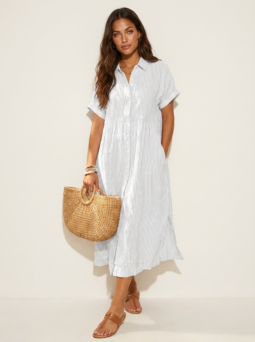 Alanah | Striped Shirt Dress with button front and button closure