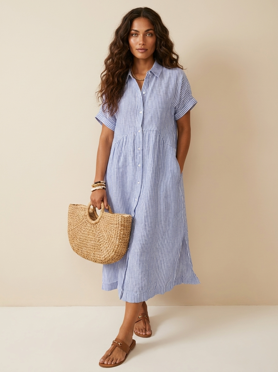 Alanah | Striped Shirt Dress with button front and button closure