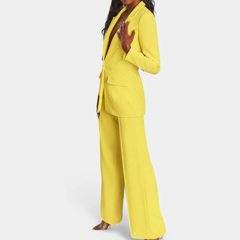 Women's Single Button Blazer Pants Set – Tailored Wide Leg Office Trousers Set