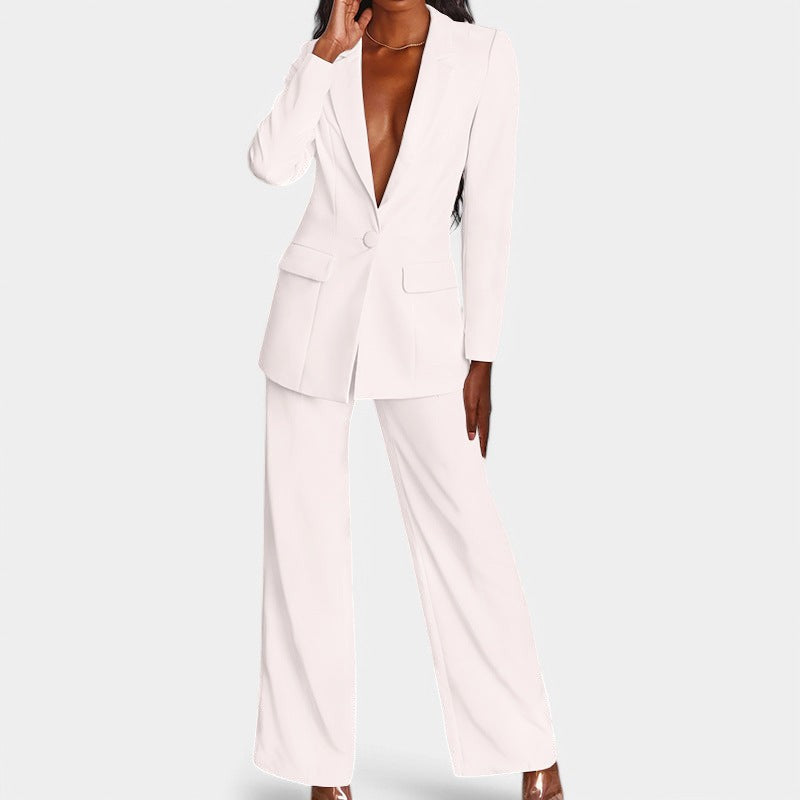 Women's Single Button Blazer Pants Set – Tailored Wide Leg Office Trousers Set