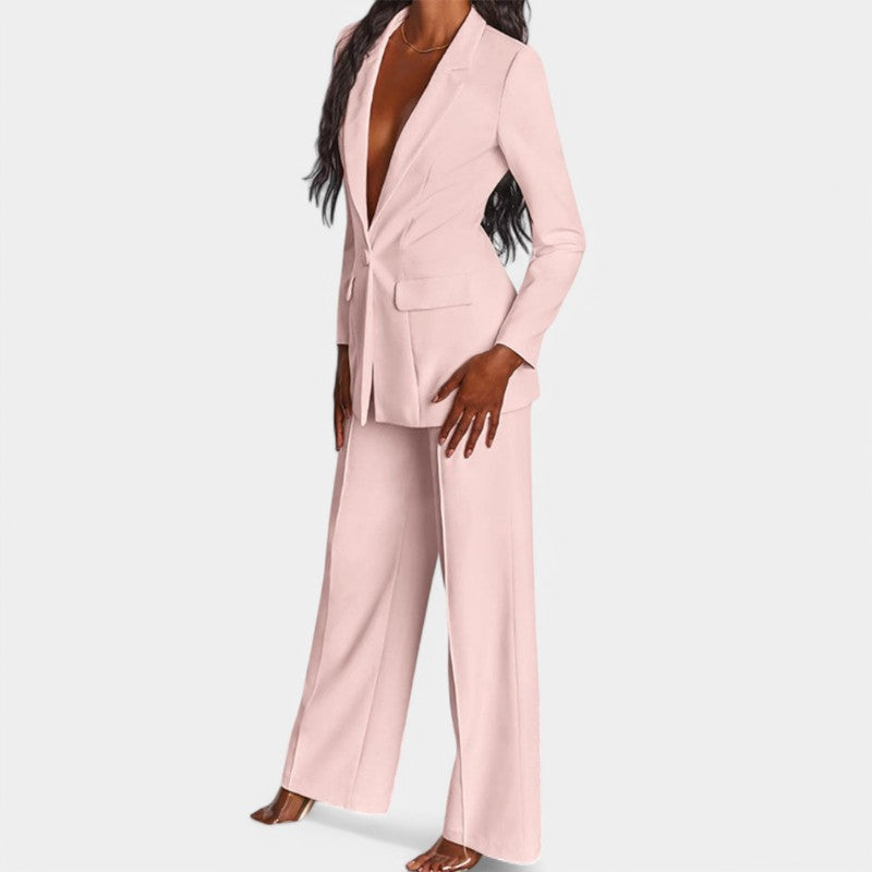 Women's Single Button Blazer Pants Set – Tailored Wide Leg Office Trousers Set
