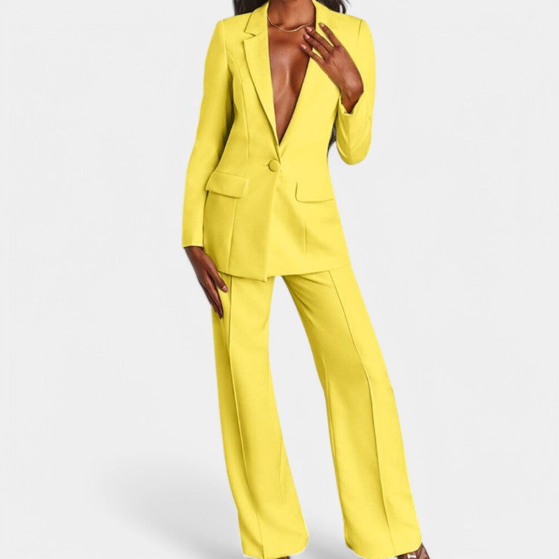 Women's Single Button Blazer Pants Set – Tailored Wide Leg Office Trousers Set