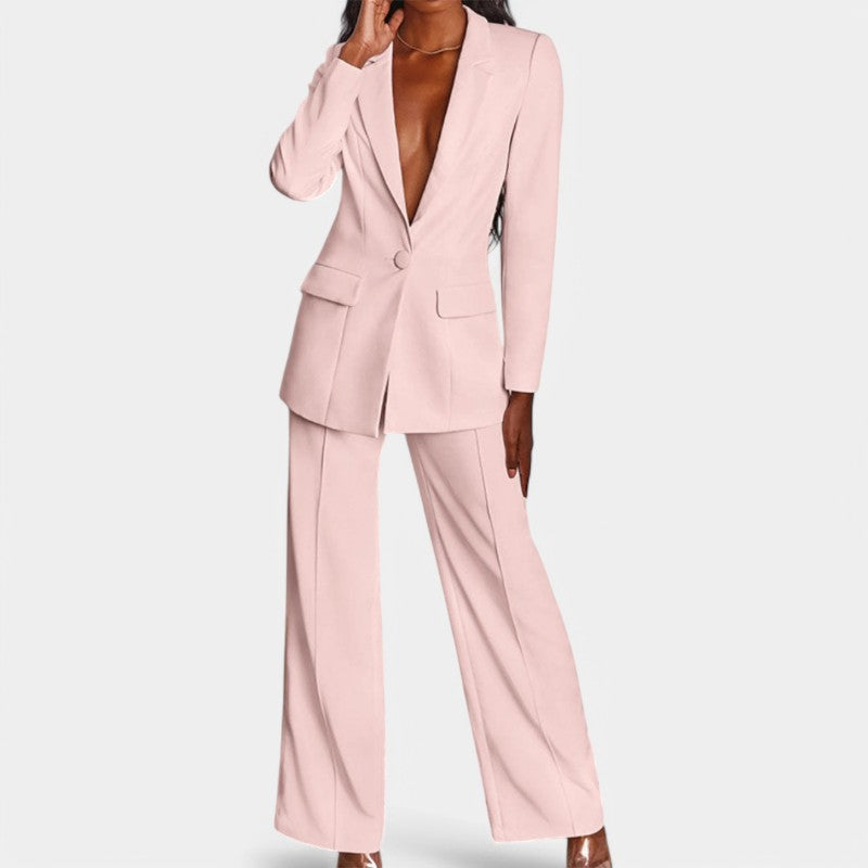 Women's Single Button Blazer Pants Set – Tailored Wide Leg Office Trousers Set