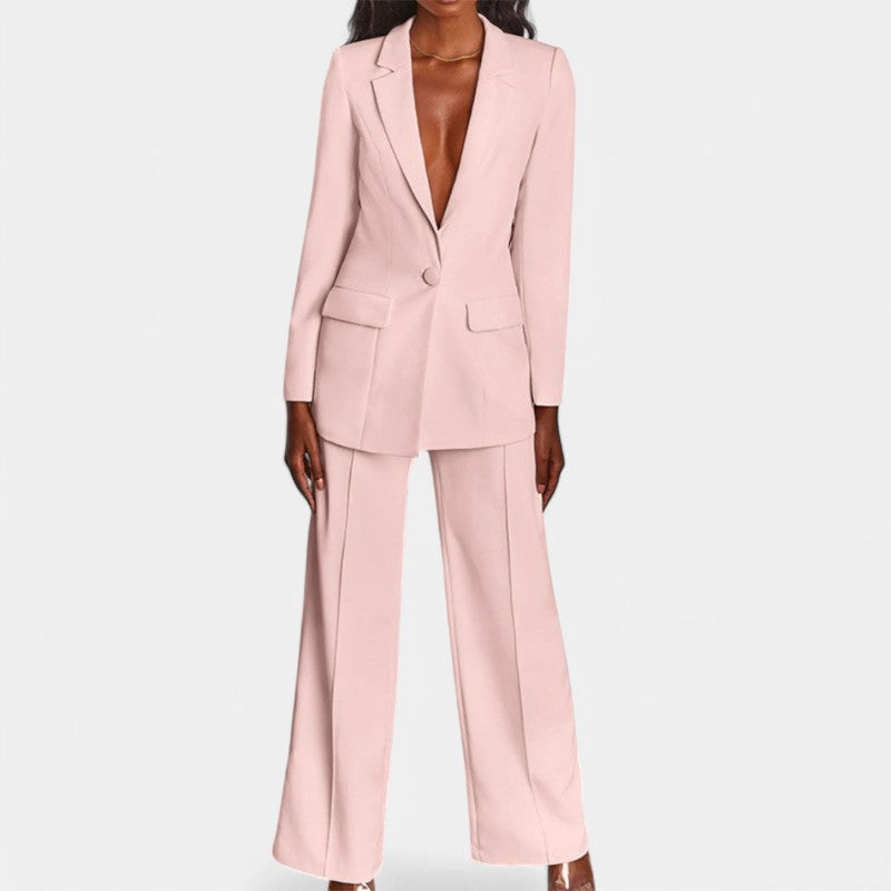 Women's Single Button Blazer Pants Set – Tailored Wide Leg Office Trousers Set
