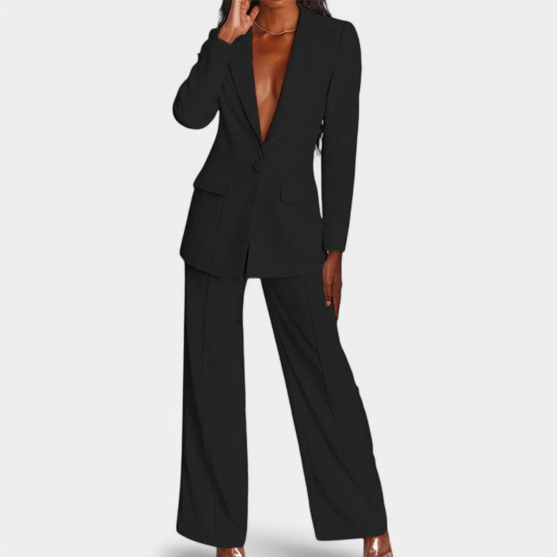 Women's Single Button Blazer Pants Set – Tailored Wide Leg Office Trousers Set