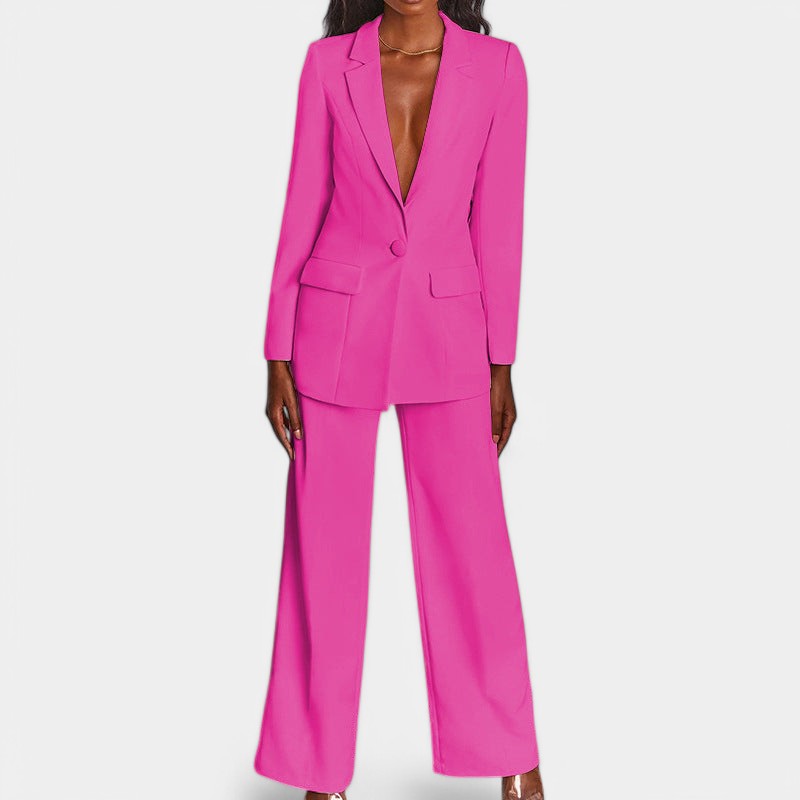 Women's Single Button Blazer Pants Set – Tailored Wide Leg Office Trousers Set