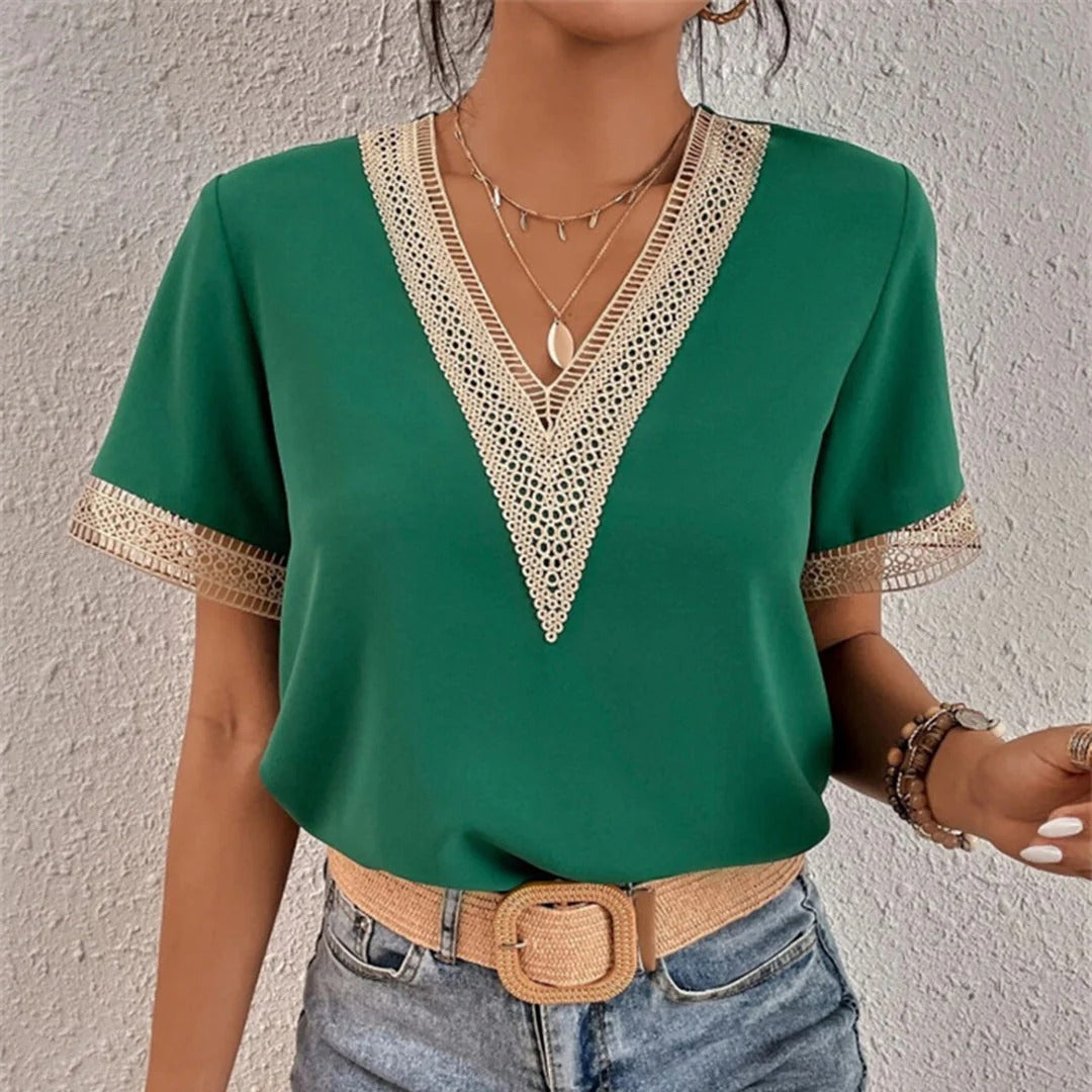 Women's Split Lace Blouse – V-Neck Long Sleeve Blouse