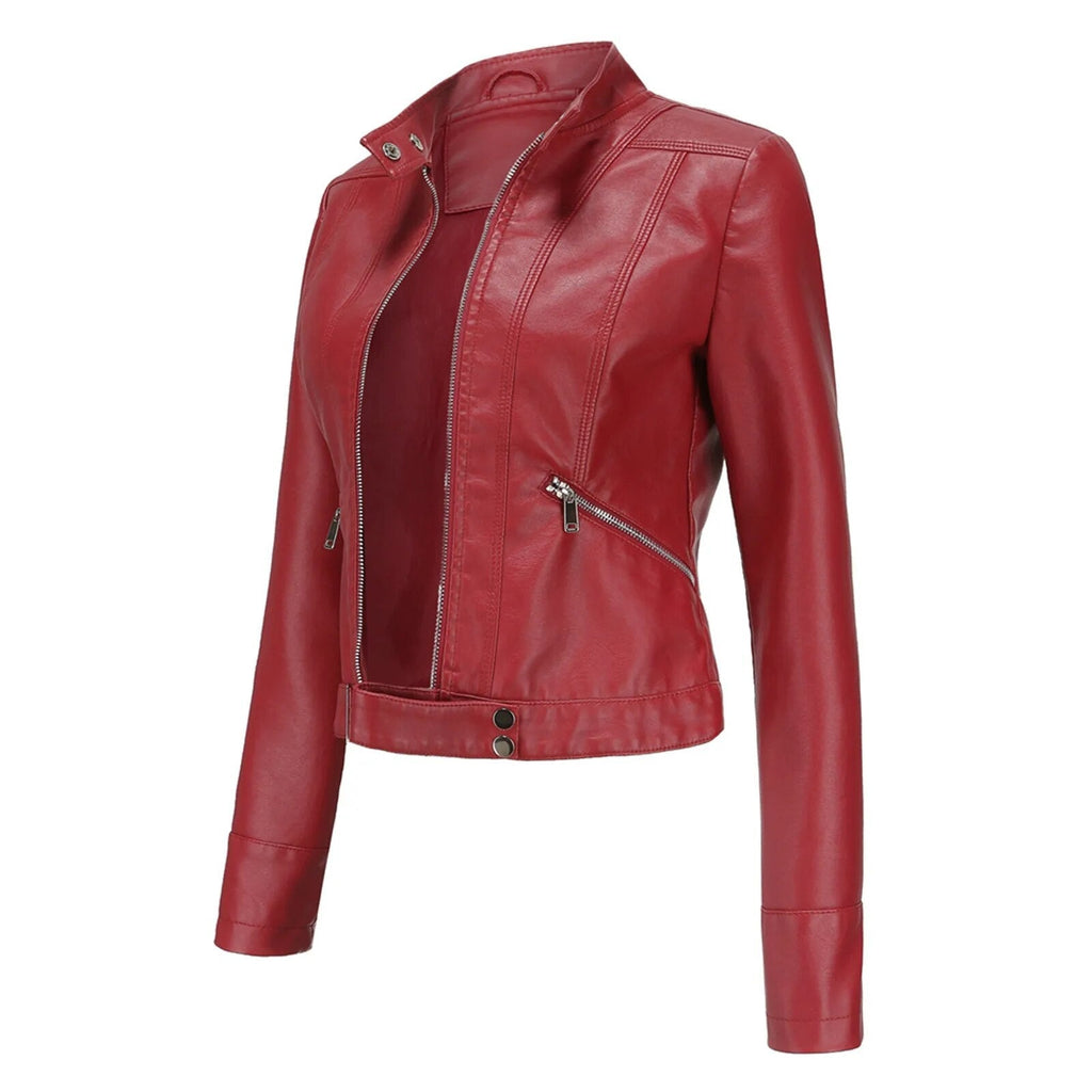 Women's Faux Leather Moto Jacket – Retro Zip-Up Biker Jacket