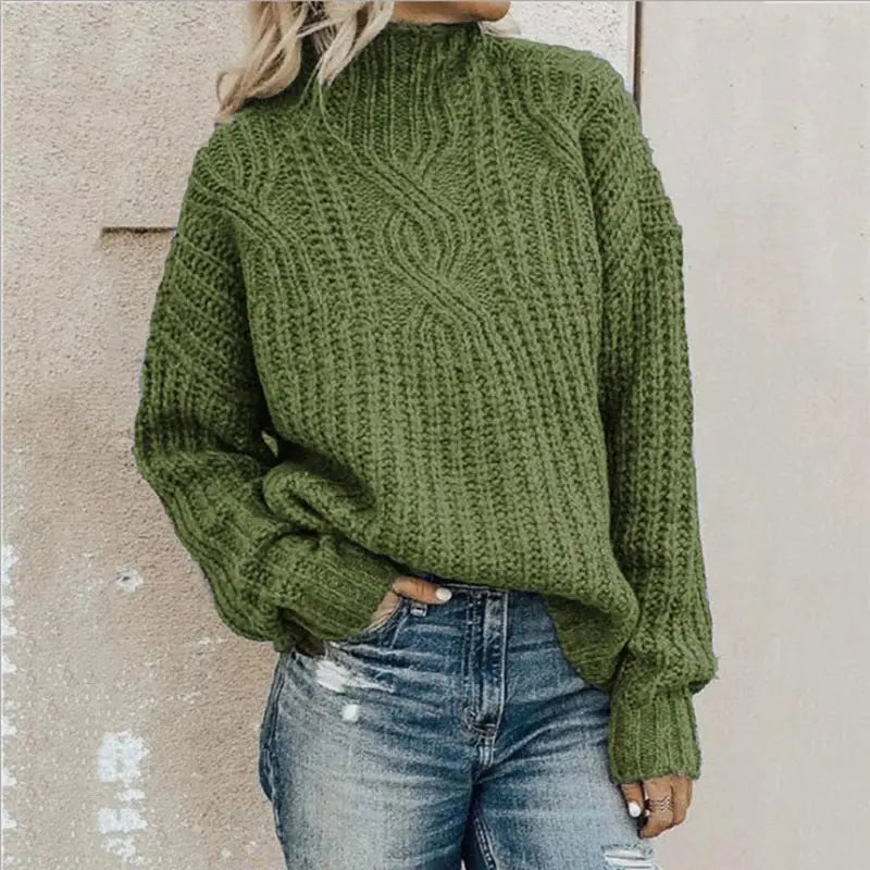 Women's High Neck Cable Sweater – Relaxed Knit Pullover