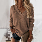 Women's Relaxed V-Neck Sweater – Oversized Long Sleeve Knit Sweater