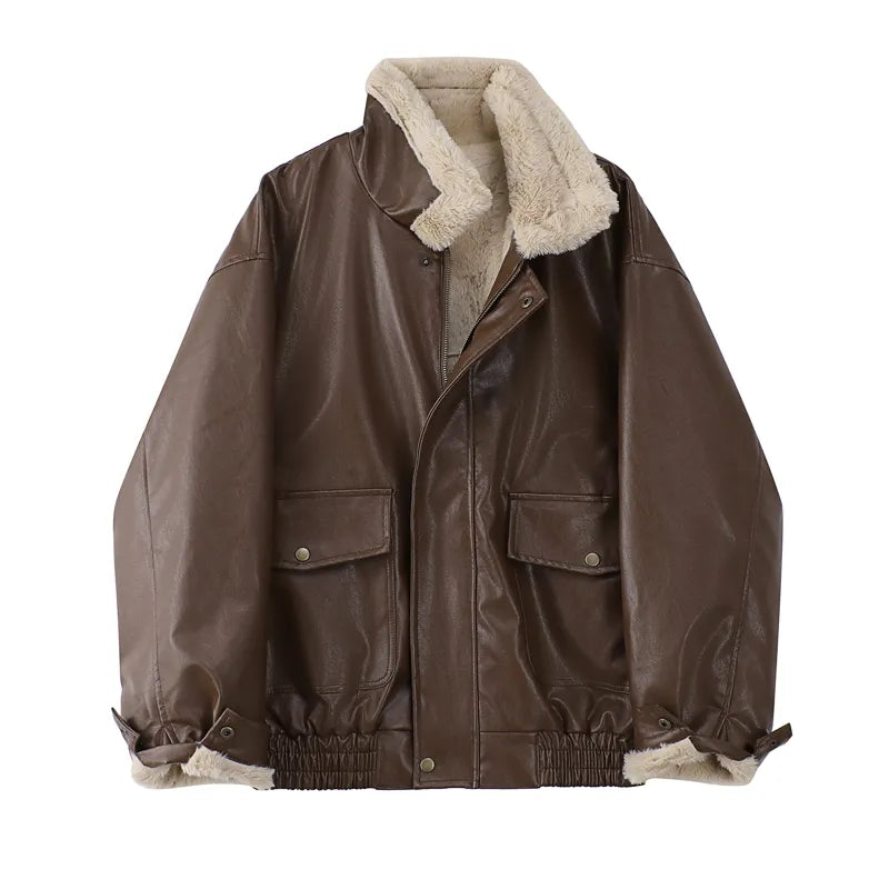 Women's Fleece Lined Faux Leather Jacket – Oversized Winter Jacket