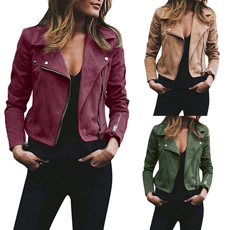 Women's Faux Suede Moto Jacket – Cropped Biker Jacket